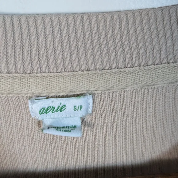 Aerie Tan Oversized Ribbed Cotton Crewneck Pullover Sweatshirt - Picture 3 of 6
